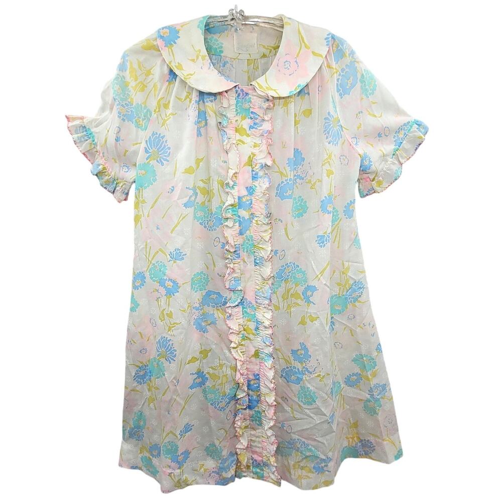 Lougers Vintage Bright Pink‎ Blue Ruffle Front Cottagecore House Dress